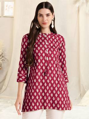 Maroon white rayon printed mirror handwork buttons tassles kurta for women 1