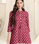 Maroon white rayon printed mirror handwork buttons tassles kurta for women