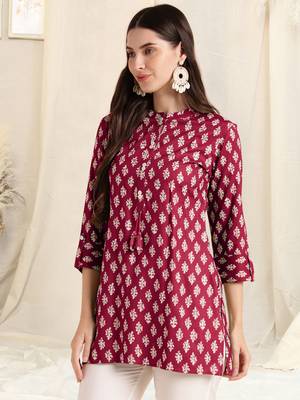 Maroon white rayon printed mirror handwork buttons tassles kurta for women 2