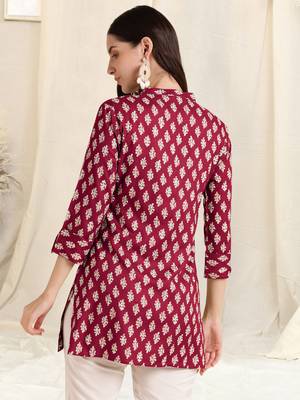Maroon white rayon printed mirror handwork buttons tassles kurta for women 3