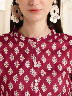 Maroon white rayon printed mirror handwork buttons tassles kurta for women 4