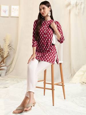 Maroon white rayon printed mirror handwork buttons tassles kurta for women 5