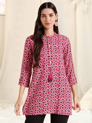Pink off white rayon printed mirror handwork buttons tassles kurta for women 1