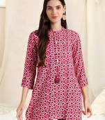 Pink off white rayon printed mirror handwork buttons tassles kurta for women