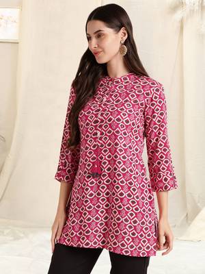 Pink off white rayon printed mirror handwork buttons tassles kurta for women 2