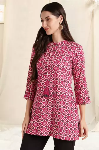Pink off white rayon printed mirror handwork buttons tassles kurta for women