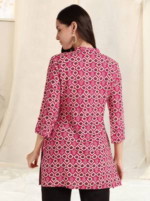 Pink off white rayon printed mirror handwork buttons tassles kurta for women 3