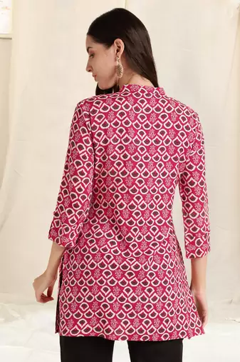 Pink off white rayon printed mirror handwork buttons tassles kurta for women