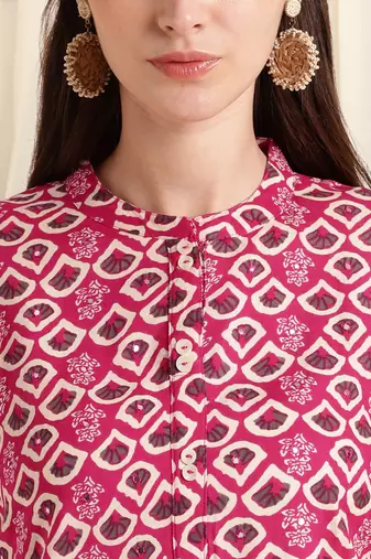 Pink off white rayon printed mirror handwork buttons tassles kurta for women