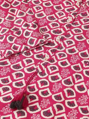 Pink off white rayon printed mirror handwork buttons tassles kurta for women 5