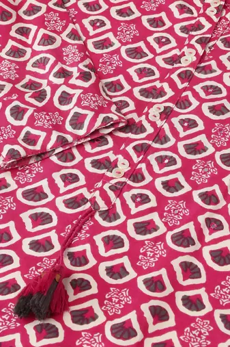 Pink off white rayon printed mirror handwork buttons tassles kurta for women