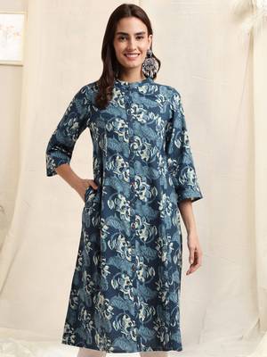 Blue off white cotton princess line printed kantha work buttons kurta for women 1