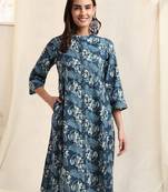 Blue off white cotton princess line printed kantha work buttons kurta for women