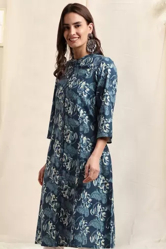 Blue off white cotton princess line printed kantha work buttons kurta for women