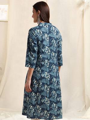 Blue off white cotton princess line printed kantha work buttons kurta for women 3