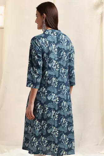 Blue off white cotton princess line printed kantha work buttons kurta for women