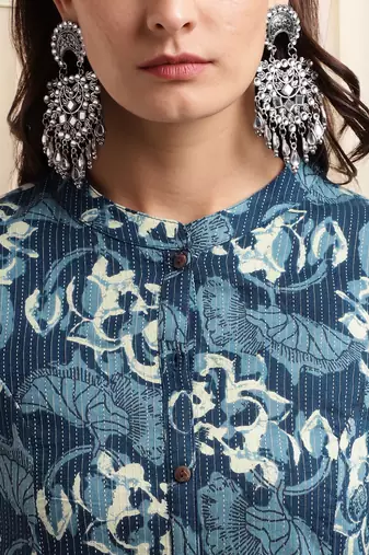 Blue off white cotton princess line printed kantha work buttons kurta for women