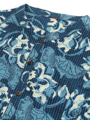 Blue off white cotton princess line printed kantha work buttons kurta for women 5