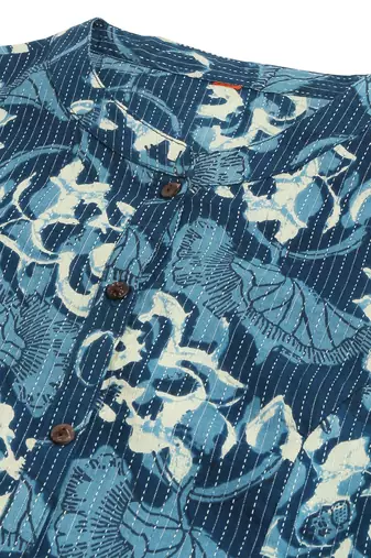 Blue off white cotton princess line printed kantha work buttons kurta for women