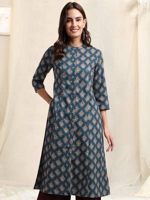 Navy blue red cotton princess line ikkat printed kantha work buttons kurta for women 1