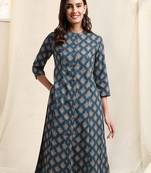Navy blue red cotton princess line ikkat printed kantha work buttons kurta for women