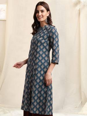 Navy blue red cotton princess line ikkat printed kantha work buttons kurta for women 2