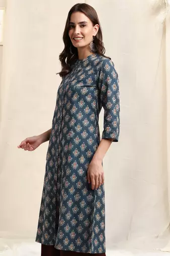 Navy blue red cotton princess line ikkat printed kantha work buttons kurta for women