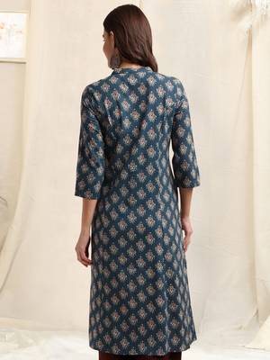 Navy blue red cotton princess line ikkat printed kantha work buttons kurta for women 3