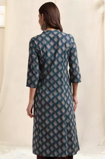 Navy blue red cotton princess line ikkat printed kantha work buttons kurta for women