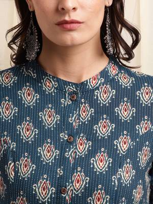 Navy blue red cotton princess line ikkat printed kantha work buttons kurta for women 4