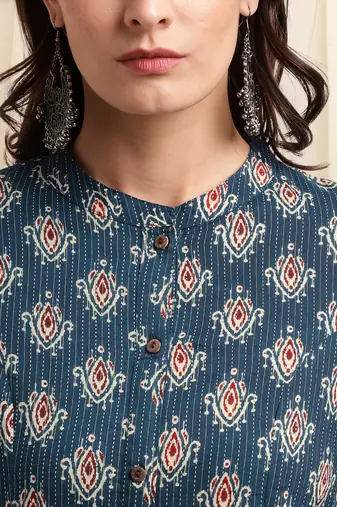 Navy blue red cotton princess line ikkat printed kantha work buttons kurta for women