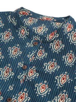 Navy blue red cotton princess line ikkat printed kantha work buttons kurta for women 5