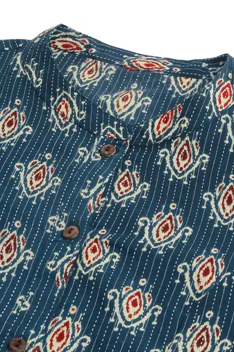 Navy blue red cotton princess line ikkat printed kantha work buttons kurta for women