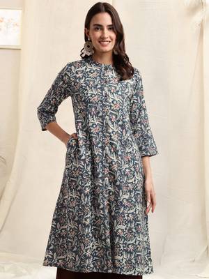 Navy blue off white cotton floral printed princess line kantha work buttons kurta for women 1