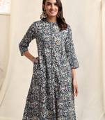 Navy blue off white cotton floral printed princess line kantha work buttons kurta for women