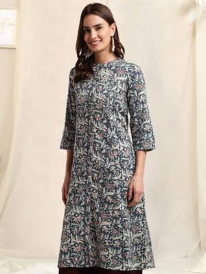 Navy blue off white cotton floral printed princess line kantha work buttons kurta for women 2