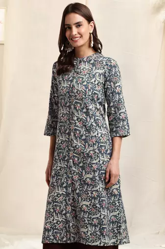 Navy blue off white cotton floral printed princess line kantha work buttons kurta for women