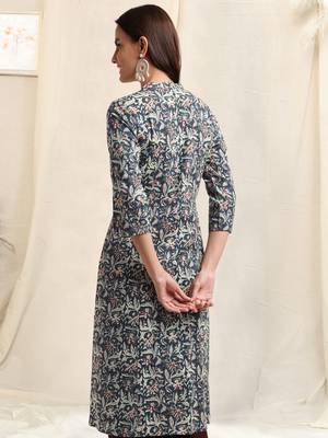 Navy blue off white cotton floral printed princess line kantha work buttons kurta for women 3