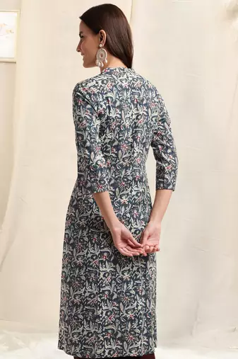 Navy blue off white cotton floral printed princess line kantha work buttons kurta for women