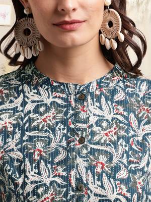 Navy blue off white cotton floral printed princess line kantha work buttons kurta for women 4