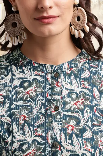 Navy blue off white cotton floral printed princess line kantha work buttons kurta for women
