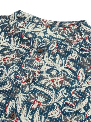 Navy blue off white cotton floral printed princess line kantha work buttons kurta for women 5