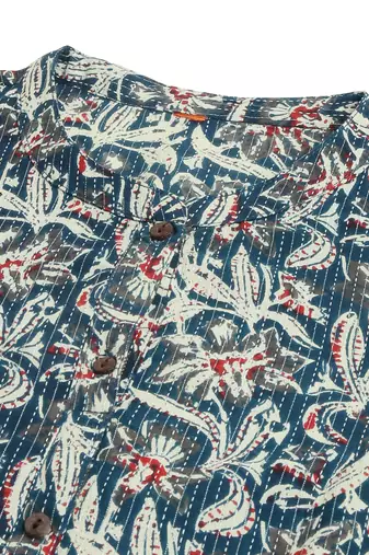 Navy blue off white cotton floral printed princess line kantha work buttons kurta for women