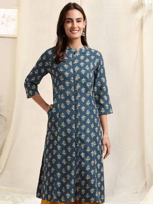 Blue mustard cotton block printed princess line kantha work buttons kurta for women 1