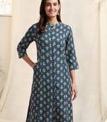 Blue mustard cotton block printed princess line kantha work buttons kurta for women