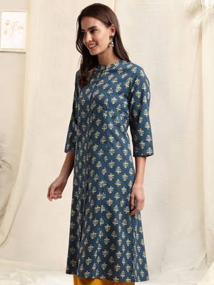 Blue mustard cotton block printed princess line kantha work buttons kurta for women 2