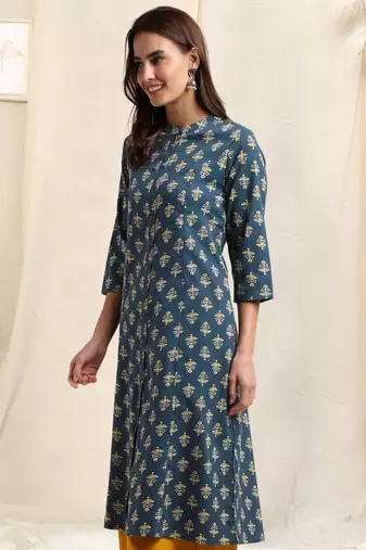 Blue mustard cotton block printed princess line kantha work buttons kurta for women