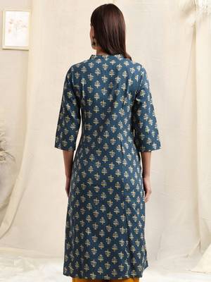 Blue mustard cotton block printed princess line kantha work buttons kurta for women 3