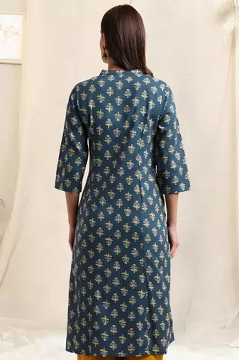 Blue mustard cotton block printed princess line kantha work buttons kurta for women
