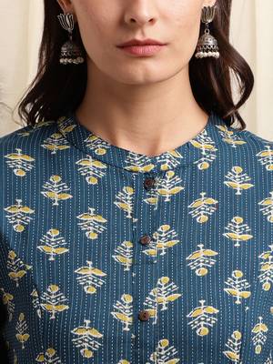 Blue mustard cotton block printed princess line kantha work buttons kurta for women 4